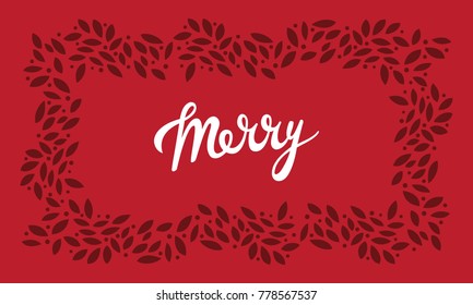 Vector white merry lettering greeting card on red 