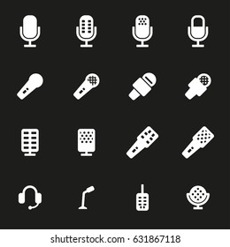 Vector white microphone icons set on black background
