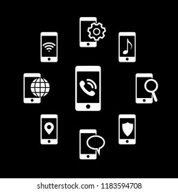Vector white mobile icons set on black background