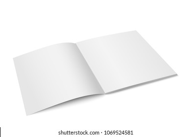 Vector white mock up of magazine isolated. Opened square magazine, brochure, book or notebook template on white background. 3d illustration. Diminishing perspective