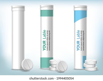Vector white and mockup collection of medical vertical boxes for solvable tablets and pills near the box.  Templates isolated on background