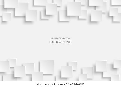 Vector white modern abstract background with sample text. Flying gray mat paper square pattern with soft shadows. Realistic 3d illustration.