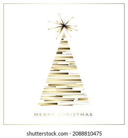 Vector white  modern simple trendy christmas card with abstract golden triangle christmas tree from golden lines and minimalistic simple lettering. Metallic golden trendy happy new year card layout. 