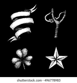 vector white monochrome black work style tattoo dot art hand drawn engraving style empty scroll ribbon slingshot shamrock star shape illustrations set isolated black background
