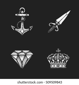 vector white monochrome black work style tattoo dot art hand drawn engraving style nautical anchor medieval dagger faceted diamond imperial crown illustrations set isolated black background
