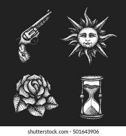 vector white monochrome blackwork style tattoo dot art hand drawn engraving style revolver pistol sun face rose flower sandglass illustrations set isolated black background