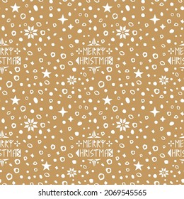 Vector White Monochrome Seamless Pattern With Snowflakes, Stars And Merry Christmas Text In Scandinavian Folk Style On Transparent Background. Perfect For Christmas Craft Wrapping Paper.