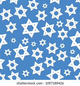 Vector White Mosaic Stars of David Seamless Pattern Isolated on Blue Background