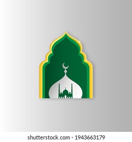 vector white mosque on a green background with gold plated. paper style . 3D