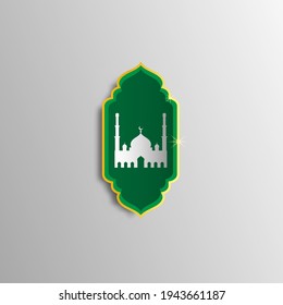 vector white mosque paper style with green background