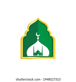 vector white mosque paper style with gold outline and green background