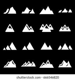 Vector white mountains icons set on black background