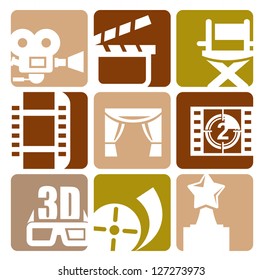 vector white movie icon set on color squares