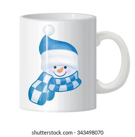 Vector  white mug  with snowman portrait.
