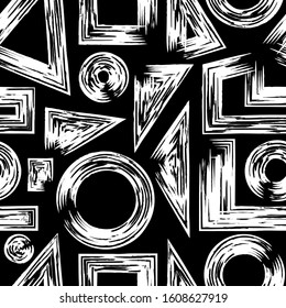 vector white multi geometric grunge lines painting brush seamless pattern on black