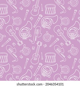 Vector white music instruments pattern on violet background