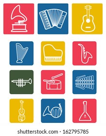 Vector white musical instruments icons set on colorful background