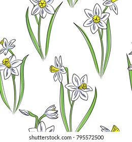 vector white narcissus daffodil flower seamless pattern