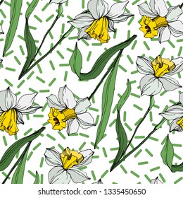 Vector White narcissus floral botanical flower. Wild spring leaf wildflower isolated. Engraved ink art on white background. Seamless background pattern. Fabric wallpaper print texture.