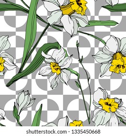 Vector White narcissus floral botanical flower. Wild spring leaf wildflower isolated. Engraved ink art on white background. Seamless background pattern. Fabric wallpaper print texture.