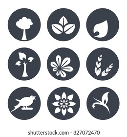 Vector white natural symbols - nature abstract element with leaf, tree, flower, spikelet and bird, bio organic simple design in the circle