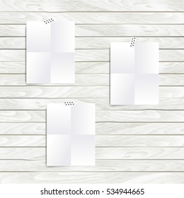 Vector white Note paper folded in four set on the wooden wall. Hipster mood board template. Mock up