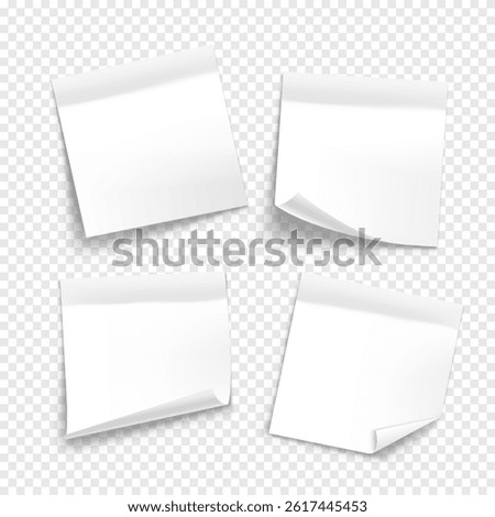 Vector white note paper isolated on transparent background. Realistic sticky note. Mockup of note paper for design.