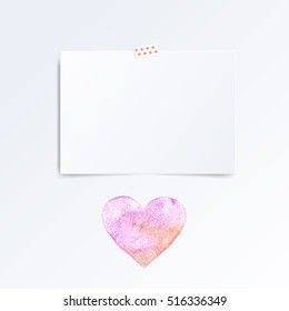 Vector white Note paper on the wall this watercolor heart. Hipster mood board template. Mock up.