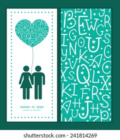Vector white on green alphabet letters couple in love silhouettes frame pattern invitation greeting card template