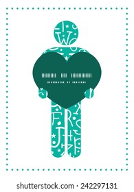 Vector white on green alphabet letters man in love silhouette frame pattern invitation greeting card template