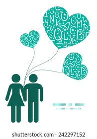 Vector white on green alphabet letters couple in love silhouettes frame pattern invitation greeting card template