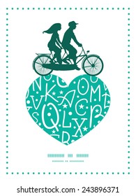 Vector white on green alphabet letters couple on tandem bicycle heart silhouette frame pattern greeting card template
