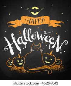 Vector white and orange  chalk drawing of Happy Halloween postcard with black cat and pumpkins on chalkboard background.