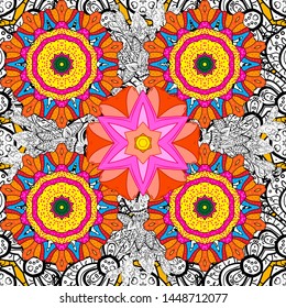 Vector white, orange leafy background with hand drawn leaves, flowers, swirls, intricate beautiful ornaments. Foliage vintage nice seamless pattern. Retro design for wallpapers, fabric, textile.