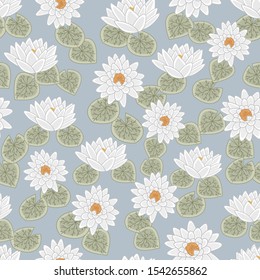Vector White and Orange Water Lily Flowers with Green Leaves on Blue Background Seamless Repeat Pattern. Background for textiles, cards, manufacturing, wallpapers, print, gift wrap and scrapbooking.