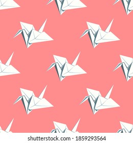 vector white origami paper bird seamless pattern on pink