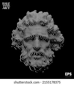 Vector white oscillator line halftone mode illustration of classical head sculpture of bearded old man from 3d rendering isolated on black background in old CRT TVs and VHS corrupted style graphics.