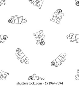 Vector white outline cartoon cute happy Tardigrade with black border, water bears or doodle moss piglets repeat seamless pattern on white background can be used as a print for clothes or coloring book