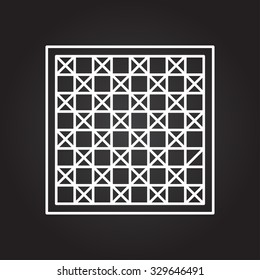 Vector white outline checkers board icon on black background 