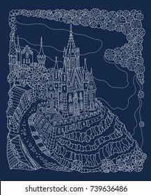 Vector white outline contoured fantasy landscape, fairy small town buildings, river, street, castle and palace on a dark indigo blue  background.T shirt print.Greeting, invitation card, Batik contour