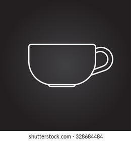 Vector white outline cup for tea or coffee icon on black background 