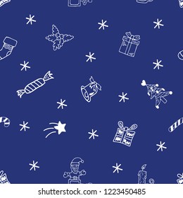 Vector white outline doodle seamless pattern with gift box, christmas tree, mistletoe, bell, caramel candy, candle, jack in the box, etc, on blue background. Christmas festive doodle illustration.