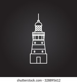 Vector white outline lighthouse icon on black background 