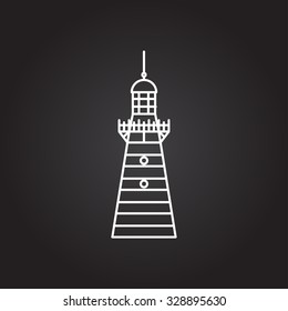 Vector white outline lighthouse icon on black background 