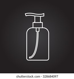 Vector white outline liquid soap bottle on black background . Cosmetic icon 