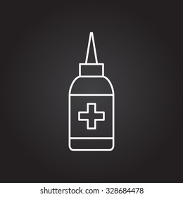Vector white outline nasal spray bottle on black background . Medical icon 