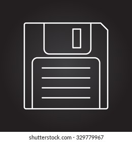Vector white outline retro floppy disk icon on black background 
