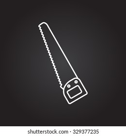 Vector white outline saw icon on black background . Industrial equipment 