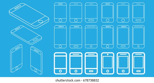 vector white outline smartphone simple icons set. touchscreen phone symbols collection with flat and isometrics style.