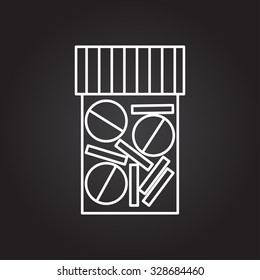 Vector white outline tablet bottle on black background . Health icon 